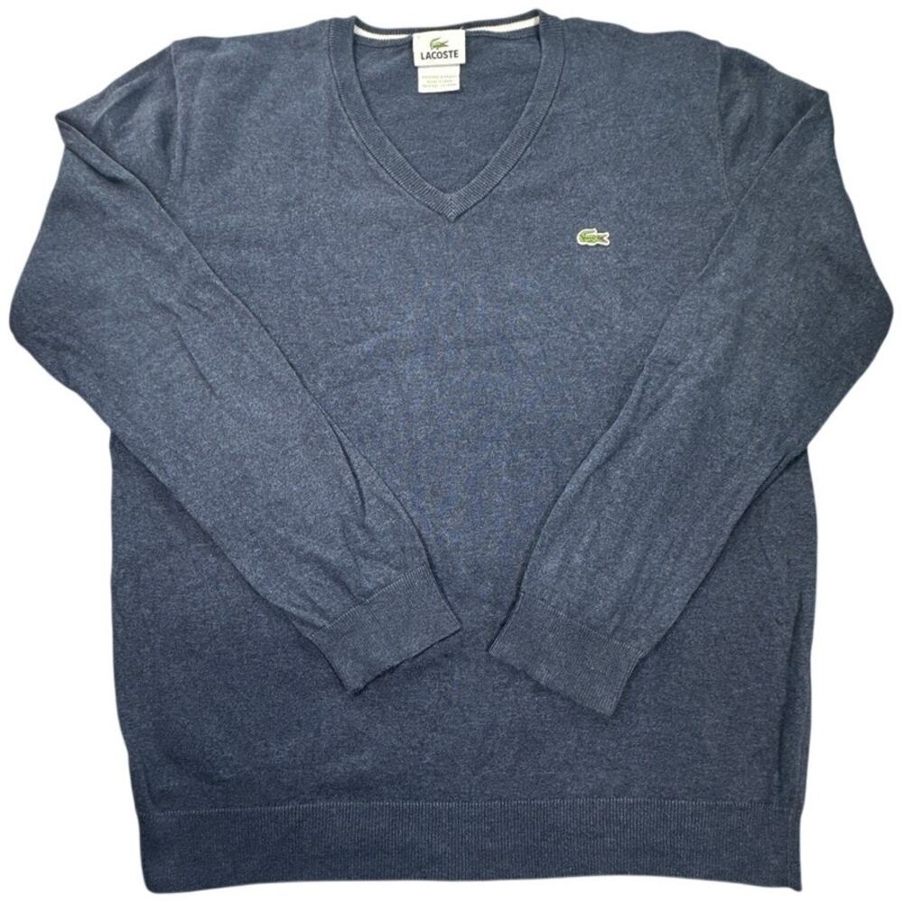 Lacoste Mens V-Neck Sweater Size 5 L Heather Blue Gray Cotton Classic⁠